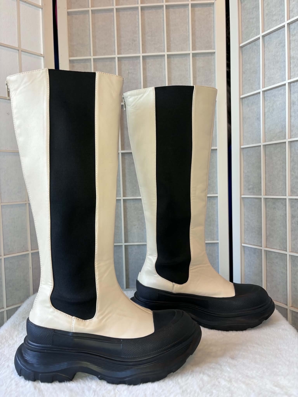 Ganni Cream & Black Over-The-Knee Platform Boots